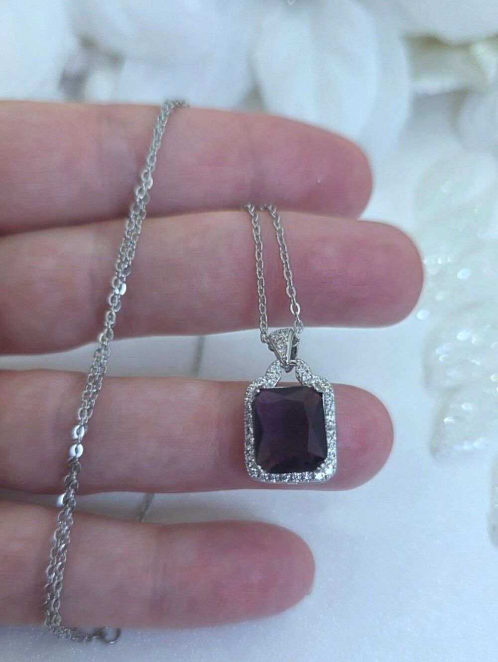 Purple Amethyst Necklace surrounded by White Baguette Diamonds on 925 Silver